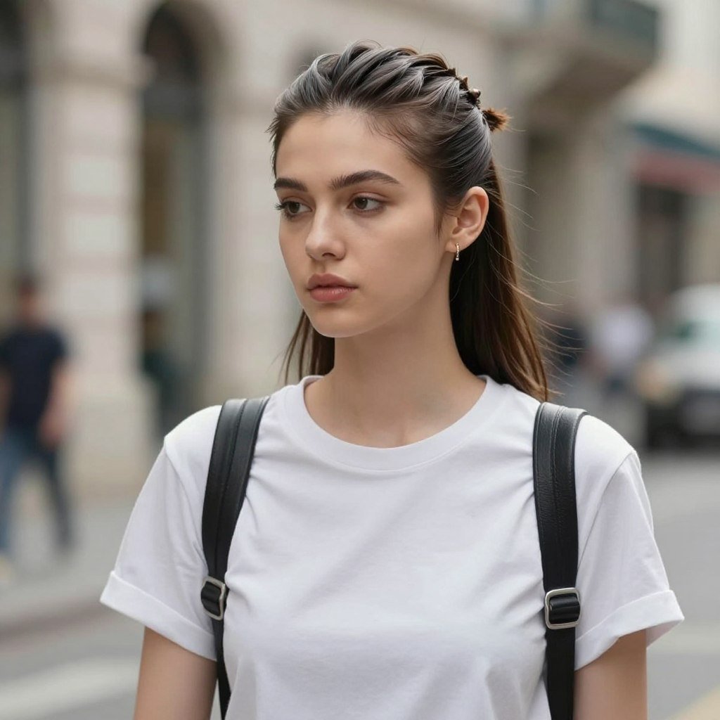 Woman with slick back half up half down hair in a casual daytime setting Woman with slick back half up half down hair in a casual daytime setting