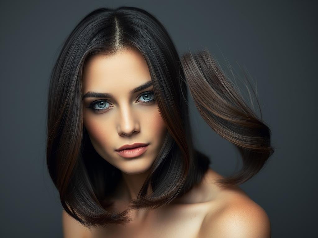 Woman with smoky brunette hair showing deep brown with cool charcoal undertones