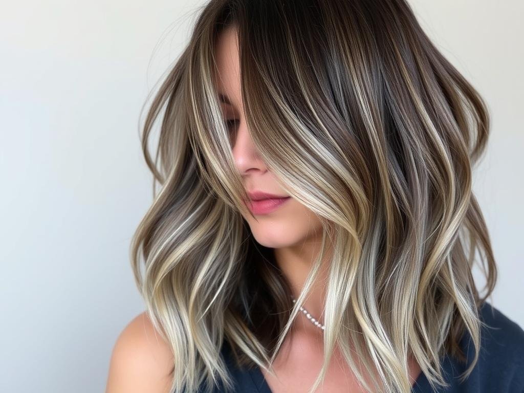Woman with smoky brunette hair showing gray undertones Woman with smoky brunette hair showing gray undertones