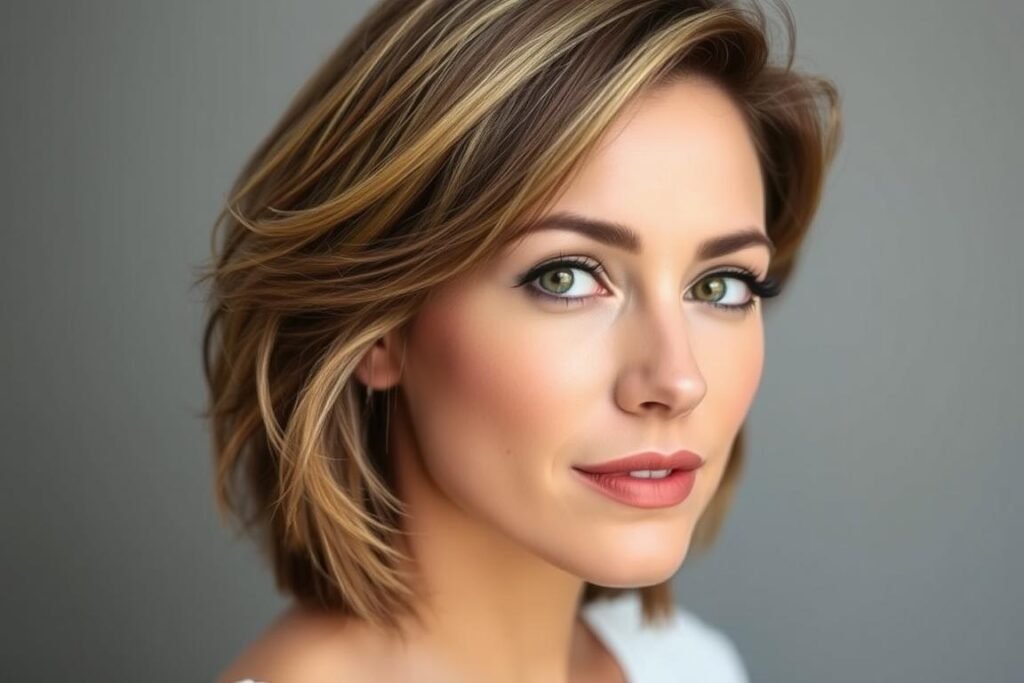 Woman with square face shape showing off a medium length shag with wispy bangs
