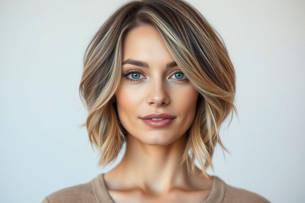 Woman with square face shape showing softening effect of medium length layered haircut