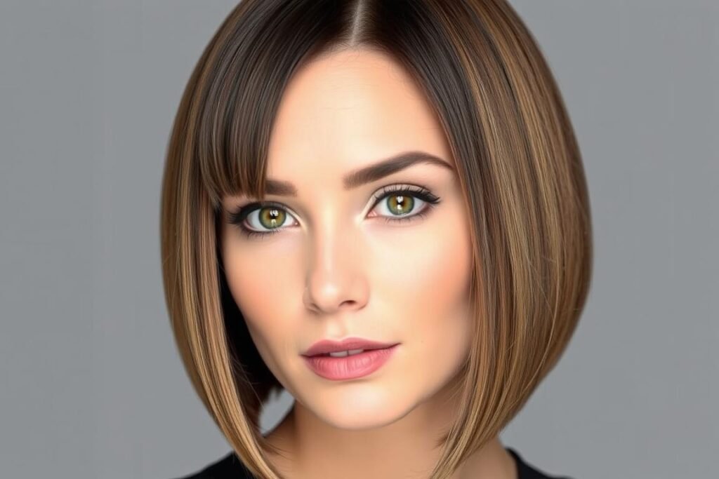 Woman with straight hair in a precise medium bob with full bangs