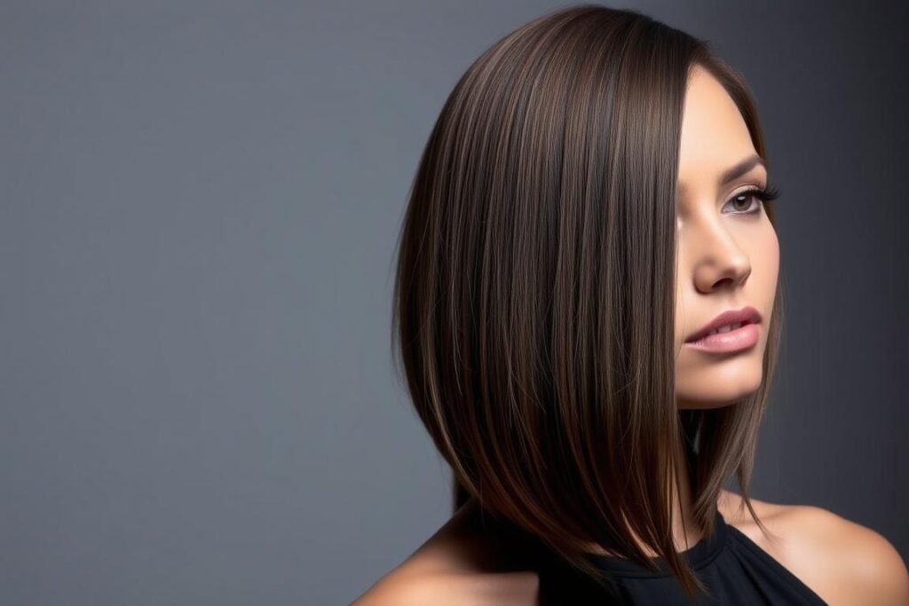 Woman with straight hair in a sleek medium length cut with subtle layers Woman with straight hair in a sleek medium length cut with subtle layers