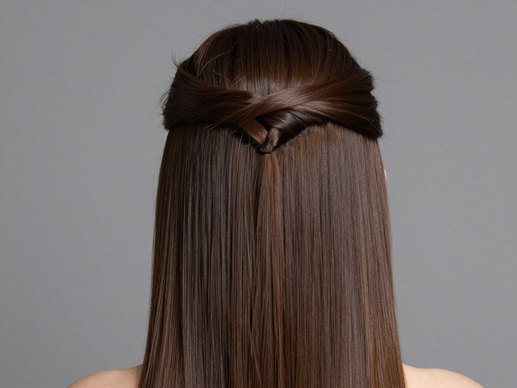 Woman with straight hair in half up style showing volume techniques