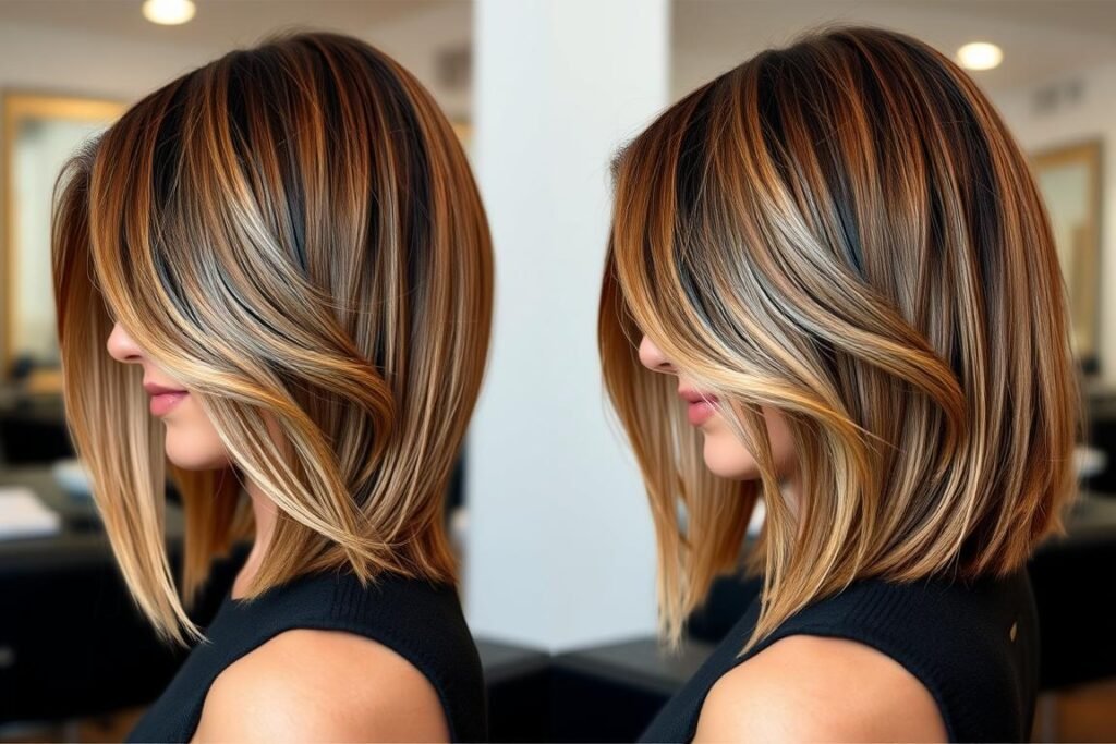 Woman with straight hair showing dimension of medium length layered haircut