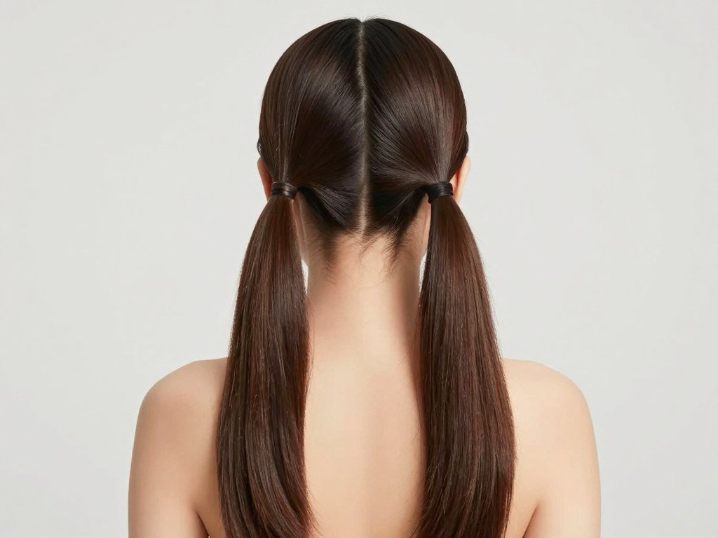 Woman with straight hair styled in sleek half up half down pigtails Woman with straight hair styled in sleek half up half down pigtails