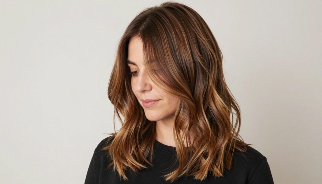 Woman with stunning highlights brown hair balayage showing dimensional color