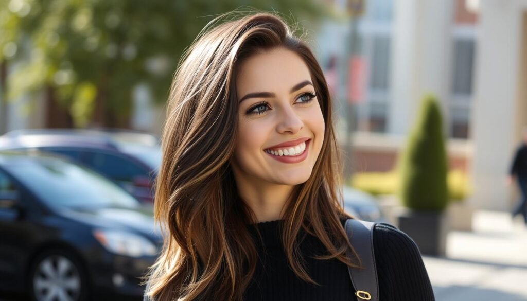 Woman with stunning mushroom brown balayage hair looking confident and stylish