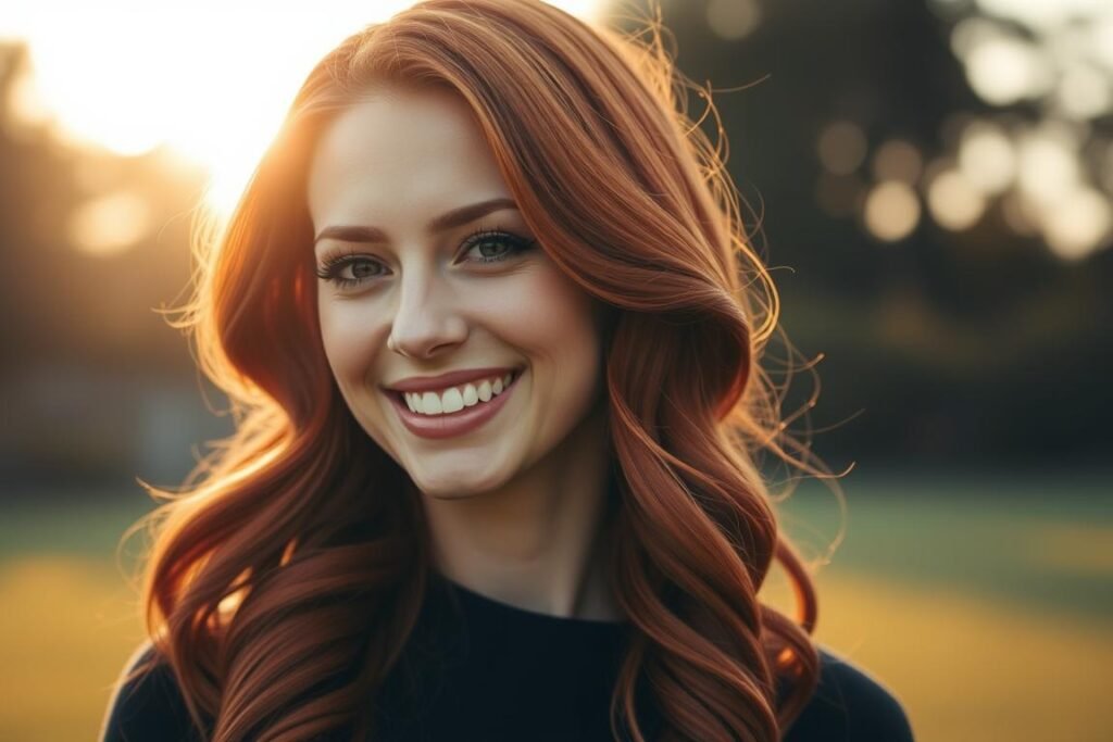 Woman with stunning red copper hair color styled in loose waves Woman with stunning red copper hair color styled in loose waves