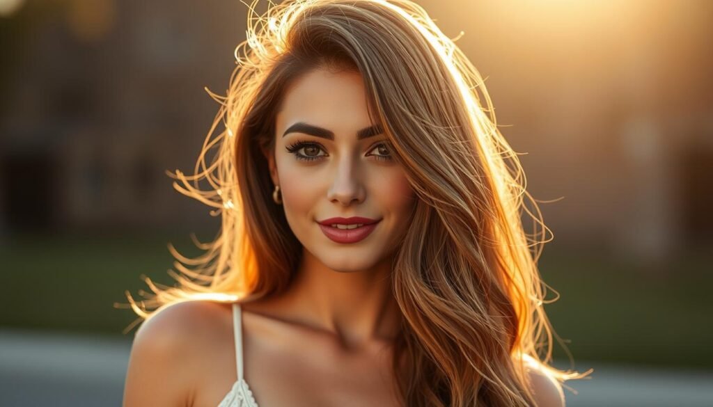 Woman with teddy bear brown hair looking confident and glowing
