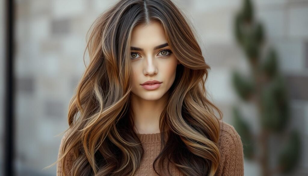 Woman with teddy bear brown hair styled in loose waves showing dimension of the color