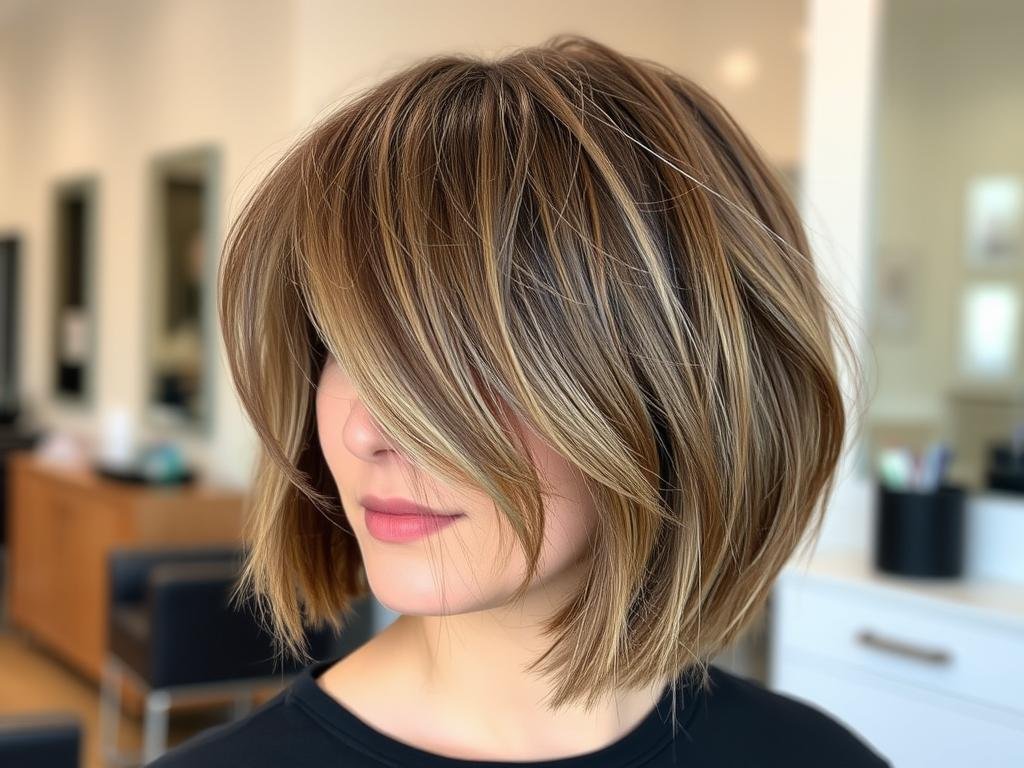 Woman with textured bob haircut for thin fine hair showing volume and movement