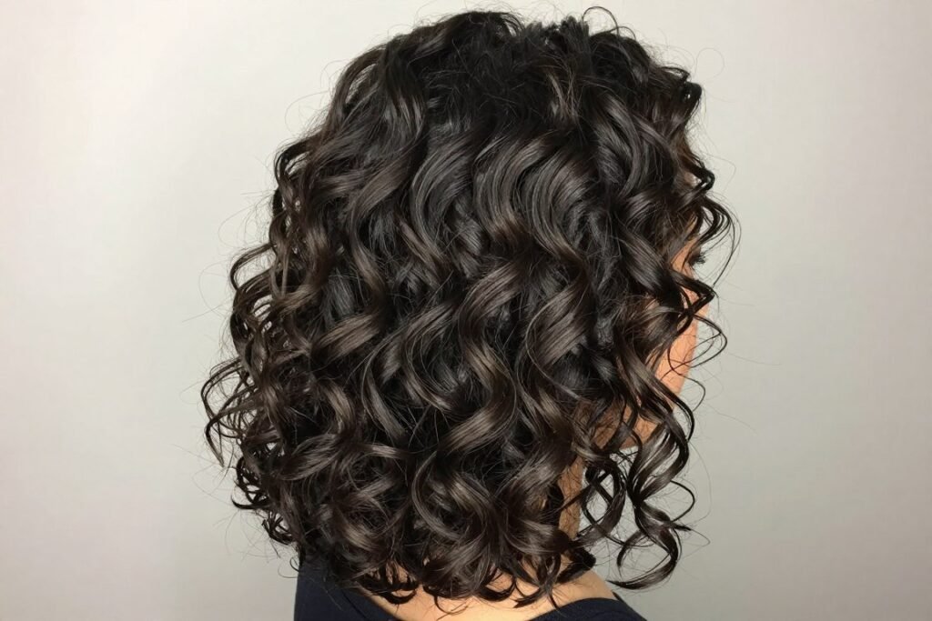 Woman with textured half up half down hairstyle with bouncy curls