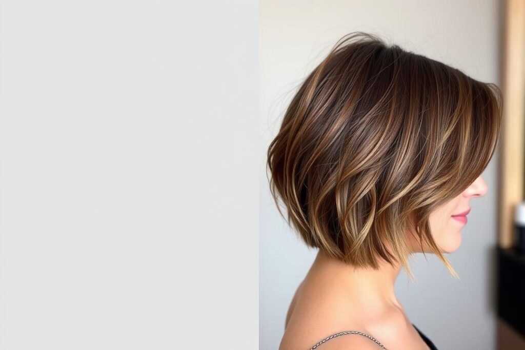 Woman with textured lob medium length layered haircut Woman with textured lob medium length layered haircut