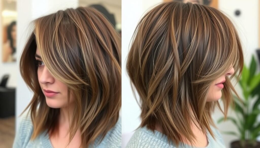 Woman with textured midi cut and soft fringe for thick hair