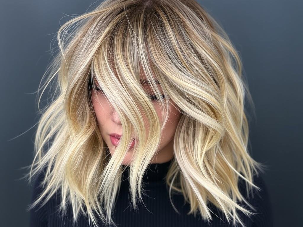Woman with textured midi cut showing the movement and texture in thick hair