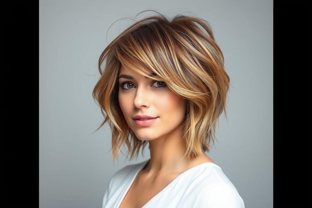 Woman with textured shaggy layers cute medium length haircut with face-framing pieces and tousled waves