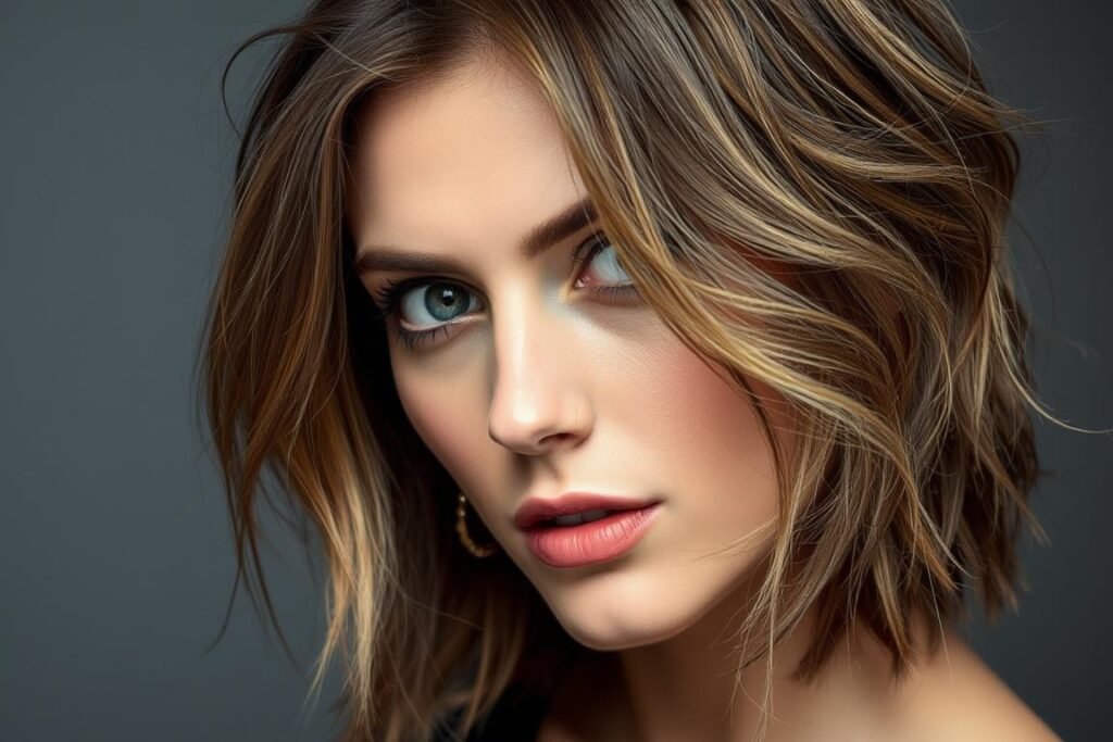 Woman with textured tousled medium length layered haircut