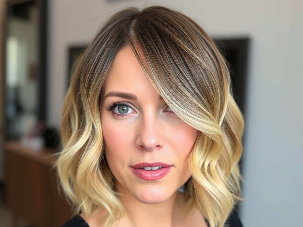 Woman with textured waves and an off-center part