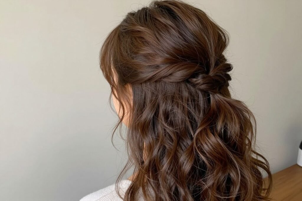 Woman with thick hair in a half up half down style showing how sectioning creates a balanced look with heavy hair Woman with thick hair in a half up half down style showing how sectioning creates a balanced look with heavy hair