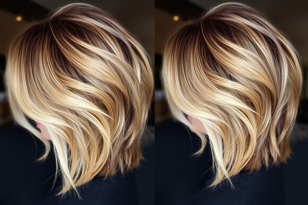 Woman with thick hair showing weight-reducing medium length layered haircut