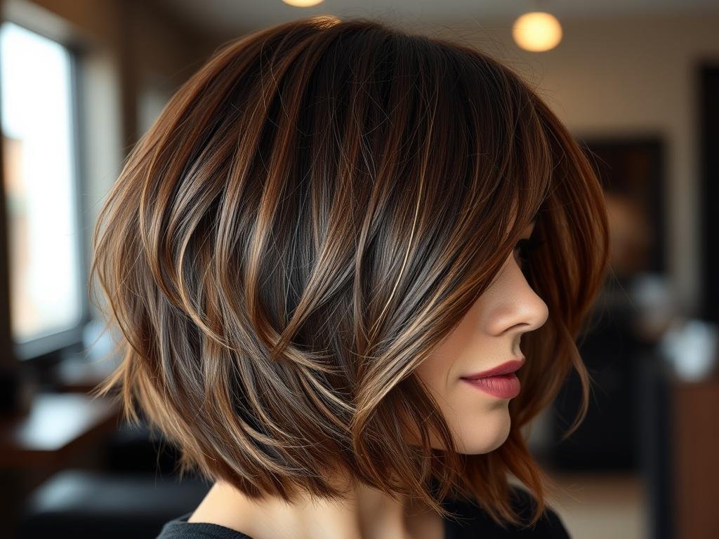 Woman with thick hair wearing a layered lob haircut Woman with thick hair wearing a layered lob haircut