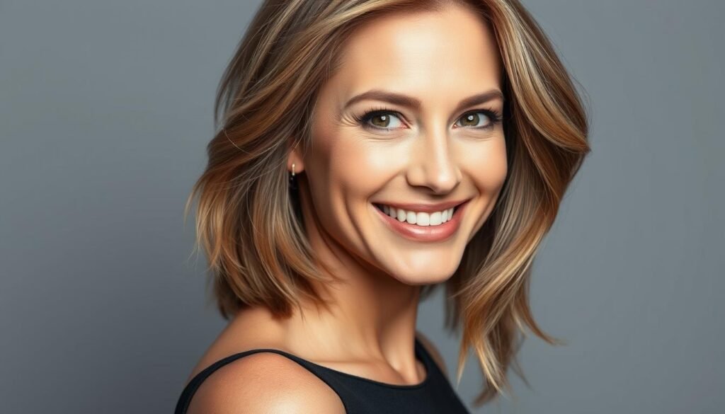 Woman with thin fine hair confidently showing off her voluminous medium length haircut