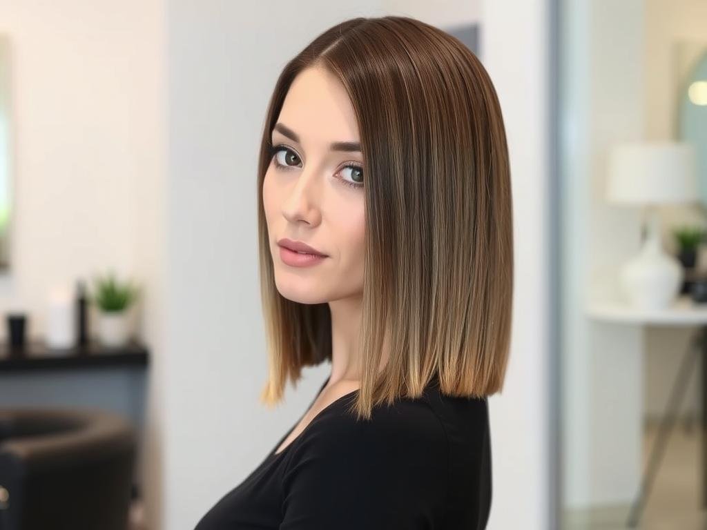 Woman with thin fine hair styled in a blunt lob haircut that creates the appearance of thickness