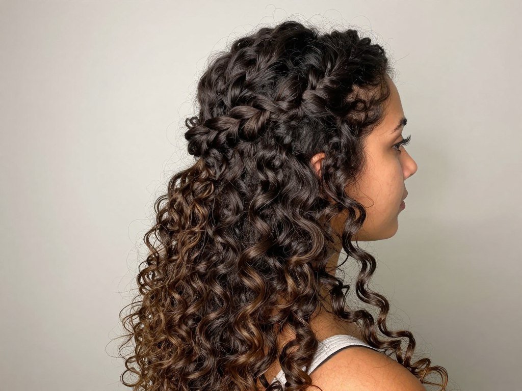 Woman with twisted crown half up half down curly hair style showing the braided crown detail