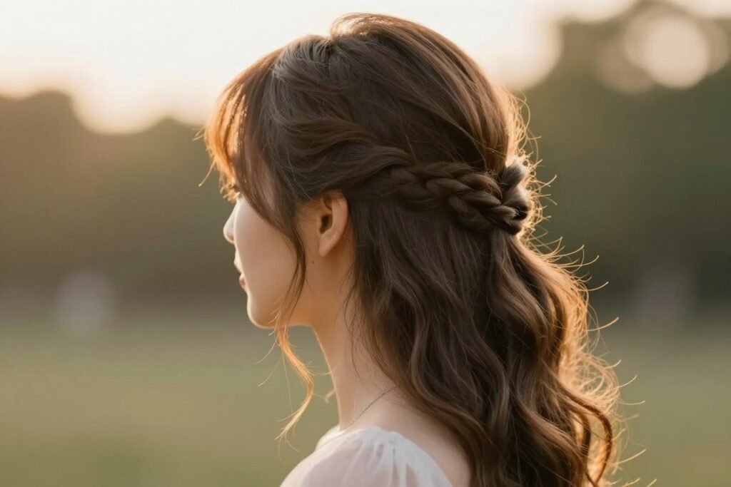 Woman with twisted half up crown hairstyle featuring a side braid and flowing waves Woman with twisted half up crown hairstyle featuring a side braid and flowing waves