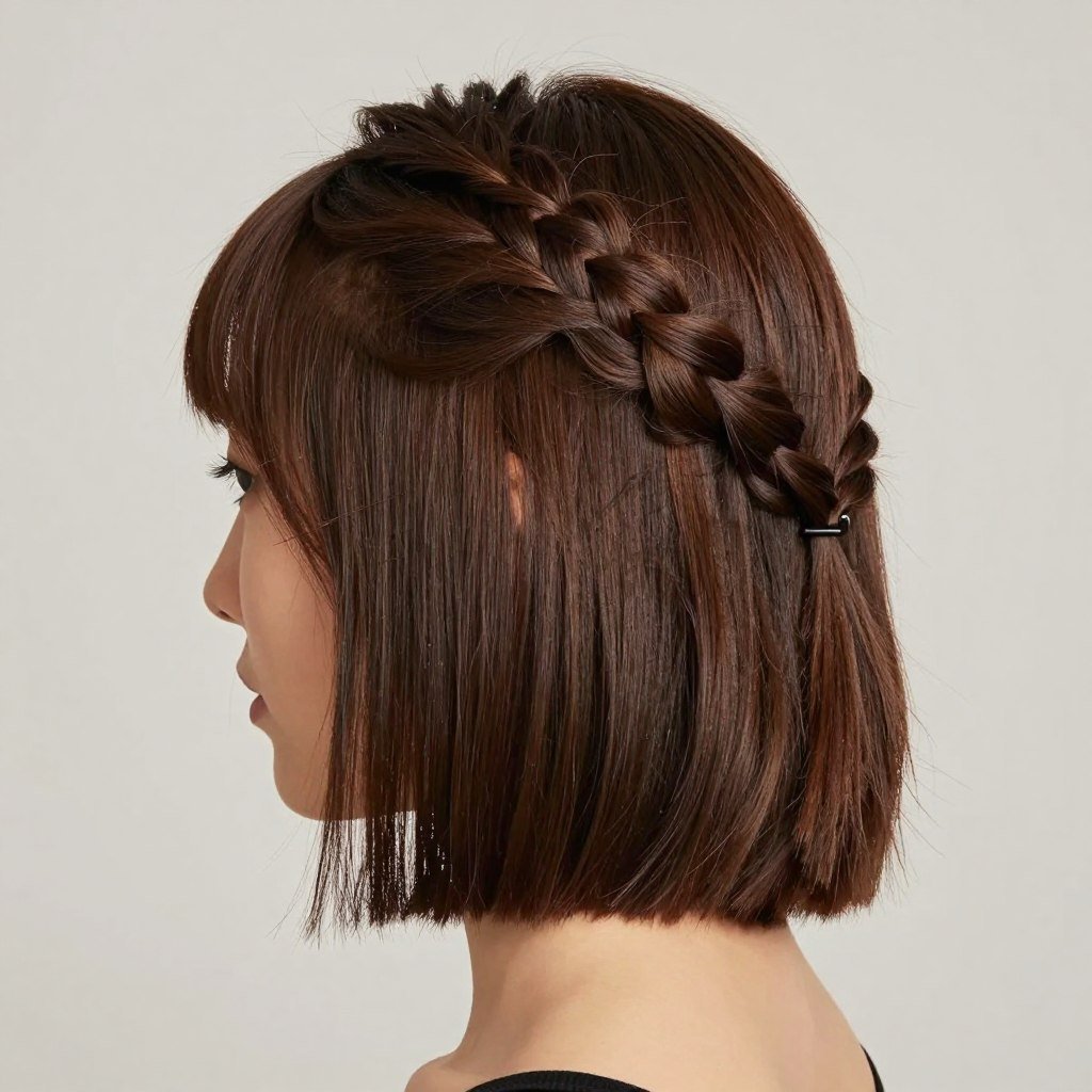 Woman with twisted half up half down style on bob-length hair Woman with twisted half up half down style on bob-length hair