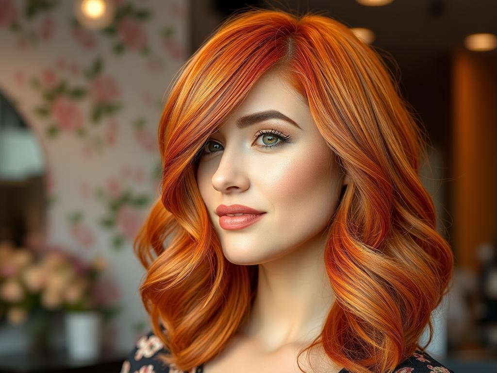 Woman with vibrant copper hair color showing bright orange-red tones, a popular spring hair color trend