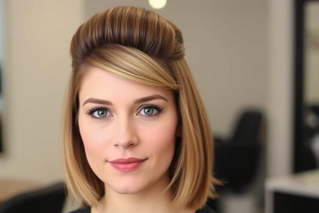 Woman with volume at the crown of her medium-length hair