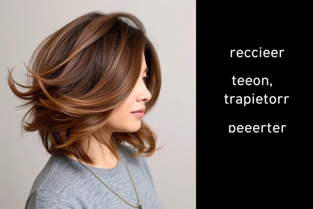 Woman with voluminous blowout showing bounce in medium length layered haircut Woman with voluminous blowout showing bounce in medium length layered haircut