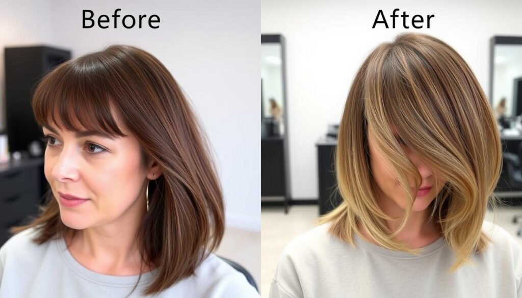Woman with voluminous medium length haircut for thin fine hair showing before and after transformation