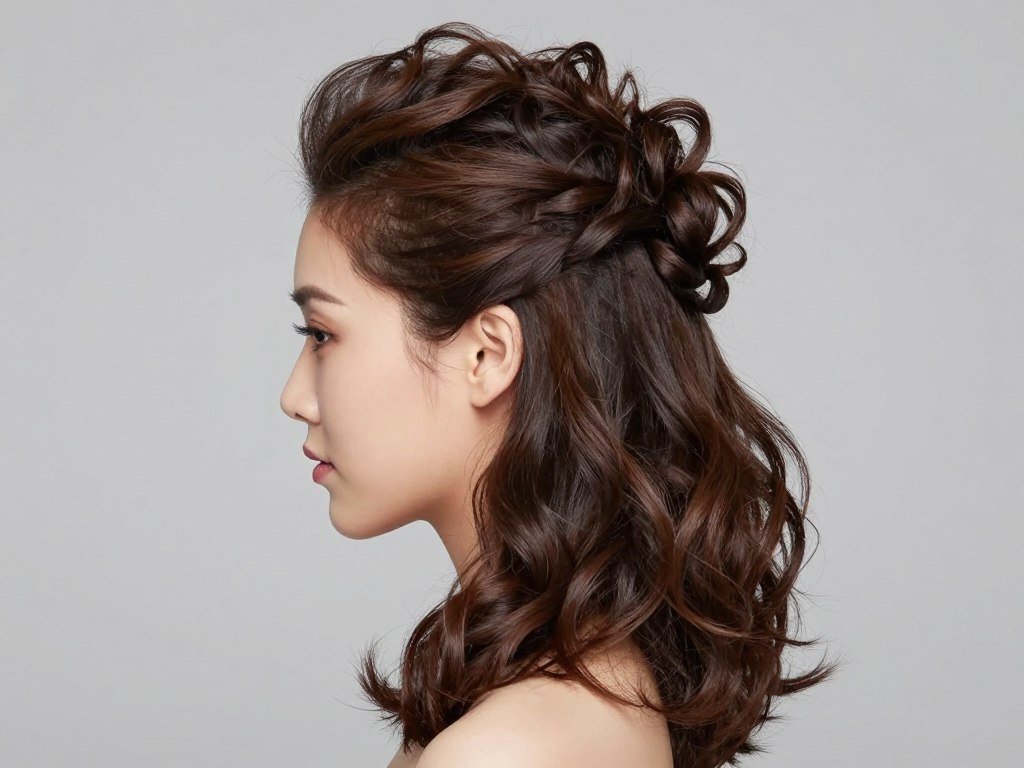 Woman with voluminous teased half up half down hairstyle showing height at crown