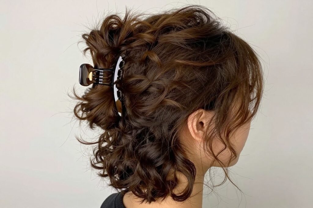 Woman with voluminous textured half up half down claw clip style Woman with voluminous textured half up half down claw clip style