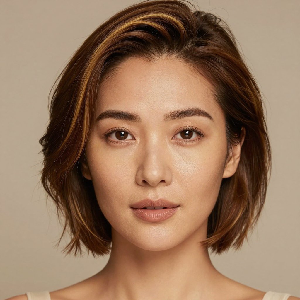 Woman with warm skin tone and short brown hair with golden highlights Woman with warm skin tone and short brown hair with golden highlights