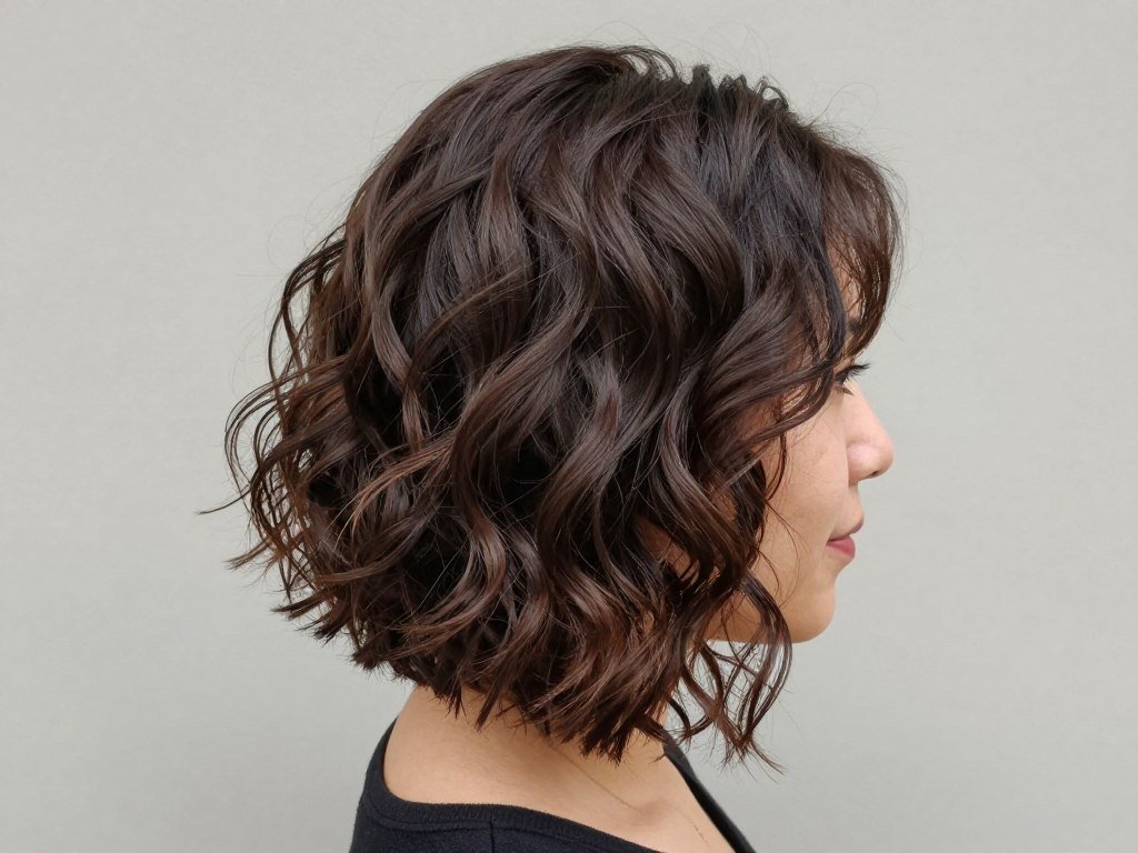 Woman with wavy short hair in half up half down style Woman with wavy short hair in half up half down style