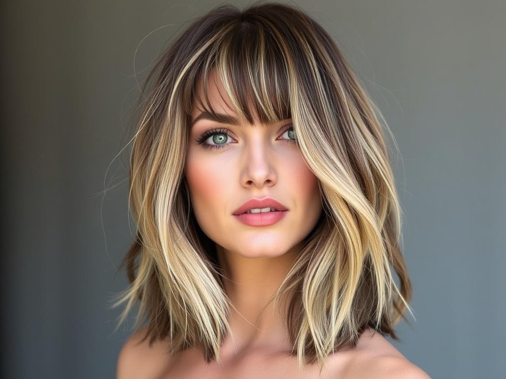 Woman with wispy textured bangs and medium length layered hair Woman with wispy textured bangs and medium length layered hair