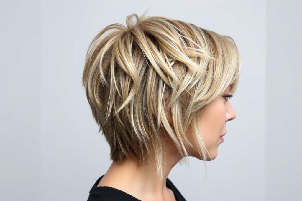 Woman with wolf cut medium length layered haircut