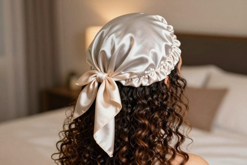 Woman wrapping curly half up half down weave with satin scarf for nighttime protection Woman wrapping curly half up half down weave with satin scarf for nighttime protection