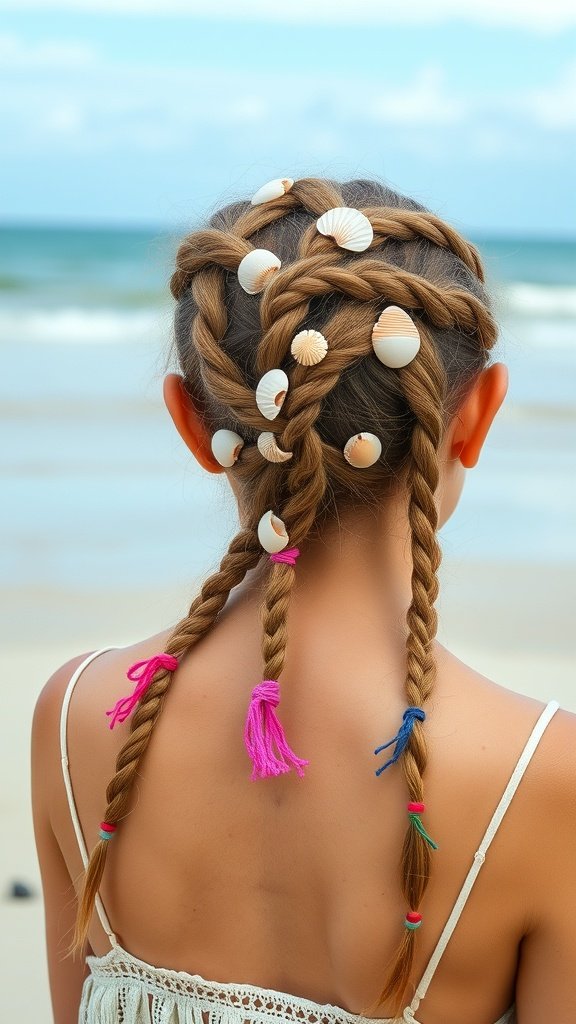 A girl with knotless braids decorated with shells and colorful tassels, standing by the beach.
