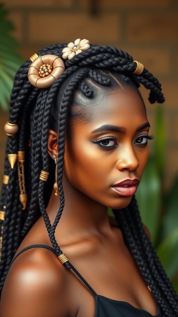 A close-up of a woman with accessorized jumbo knotless box braids, featuring gold hair accessories.