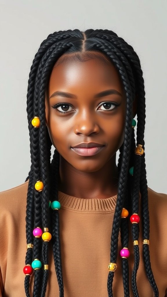 A person with medium-length knotless box braids adorned with colorful beads.