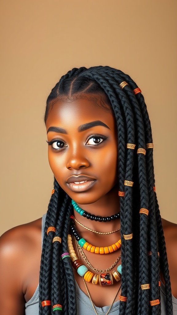 A woman with large knotless box braids adorned with colorful beads and layered necklaces.