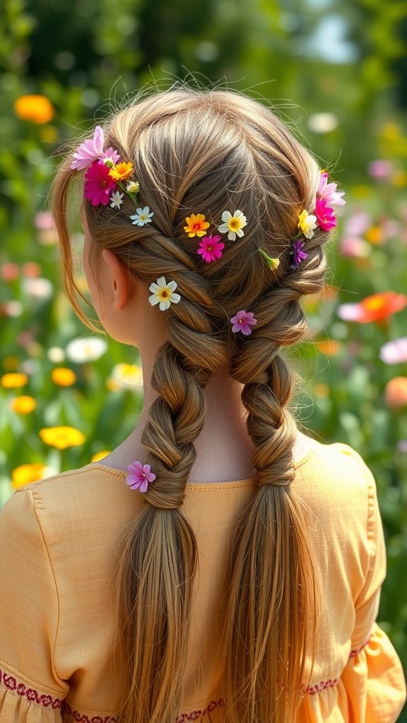 A girl with knotless braids adorned with colorful flowers in a garden setting.