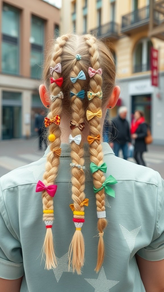 A girl with knotless lemonade braids decorated with colorful bows.