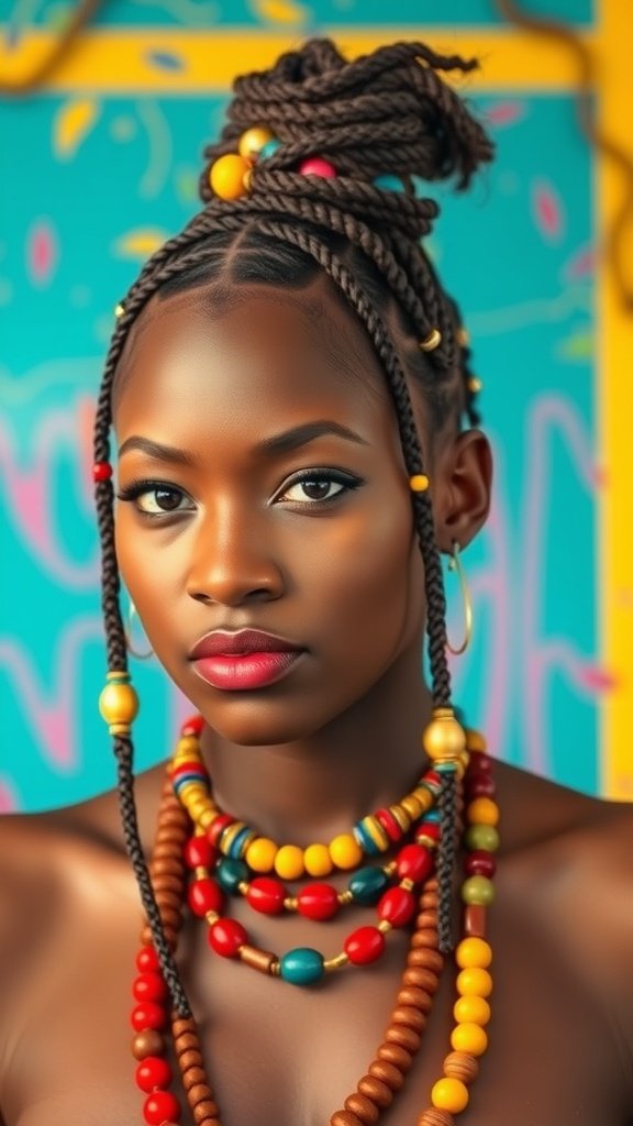 A model with medium knotless box braids adorned with colorful beads, showcasing a vibrant and stylish look.