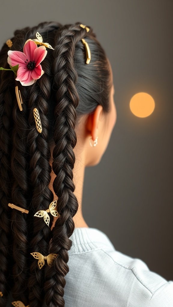 A close-up of medium knotless braids decorated with gold clips and a pink flower.